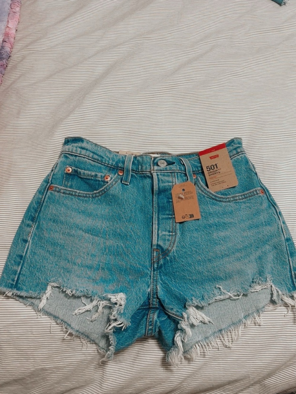 Levi's 501 Frayed Hem Mid Blue Denim Shorts